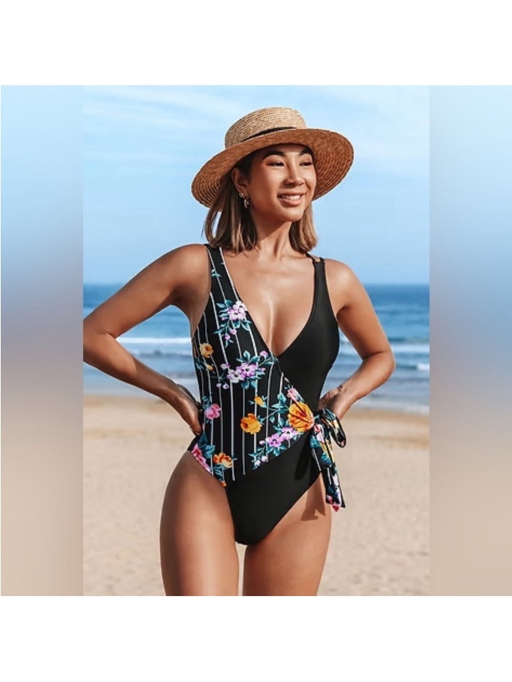 Cupshe Floral Stripe Black One-Piece Swimsuit